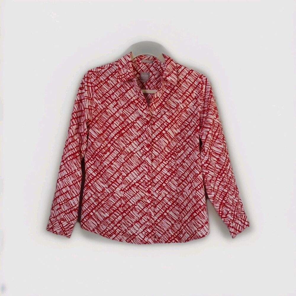 CHICO’S Red White Long Sleeve Cotton Blouse Women Size Small Chicos 1